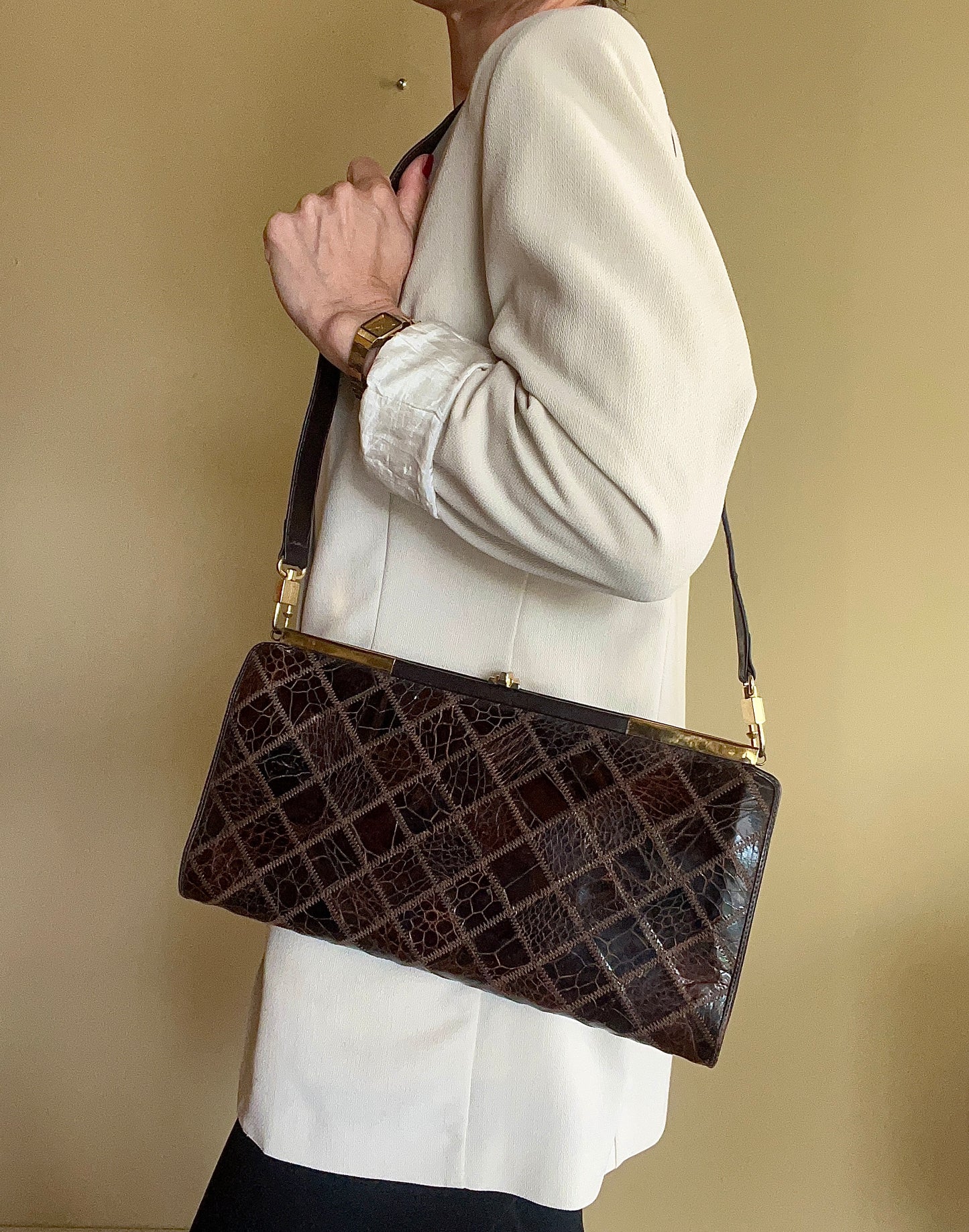 Handväska vintage, präglat skinn